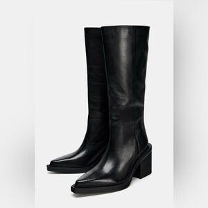 Zara NWT Blocked Leather Knee High Pointed Toe Boots US 9 EU 40 NWOB